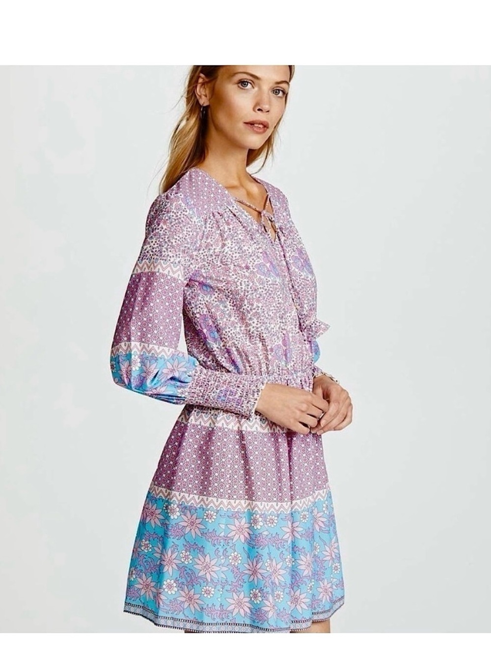 Shoshanna Lilac and Sky Floral Long-Sleeve Mini Dress